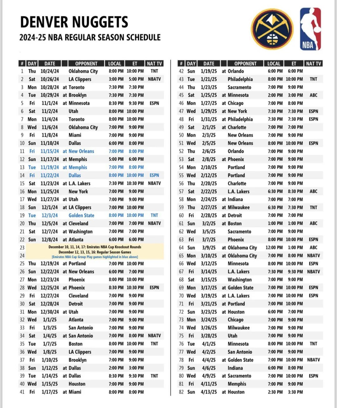 2024-2025 Denver Nuggets Basketball Schedule